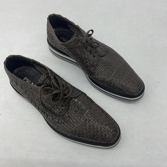 COPY Prada Mens Brown Leather Braided Design Round Toe Derby Dress Shoes Sz 12 - Picture 1 of 8